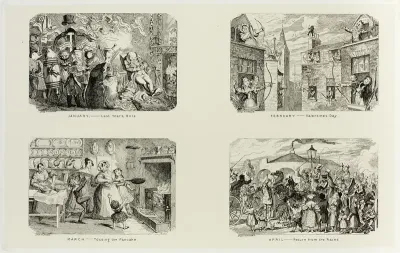 January – Last Year's Bills from George Cruikshank's Steel Etchings to The Comic Almanacks: 1835-1853 (top left)