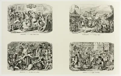 January – New Year's Eve from George Cruikshank's Steel Etchings to The Comic Almanacks: 1835-1853 (top left)