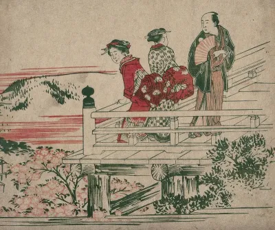 Japan: two women and a man looking from a balcony at Kiyomizu Temple, Kyoto