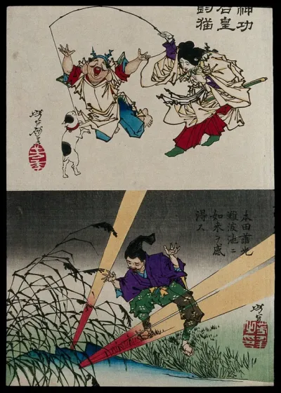 Japanese and Chinese legends: (top) a legendary Japanese empress catching a cat with the rod of a laughing Chinese Fisherman God of good fortune; (bottom) another scene from Japanese legend, the apparition in the pond