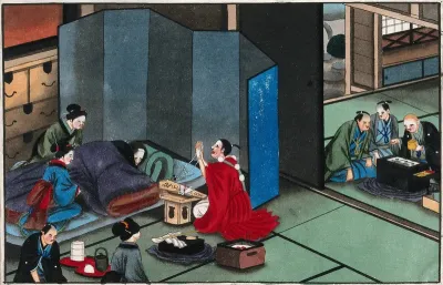 Japanese funeral customs: a grieving family at the bedside of a dead man