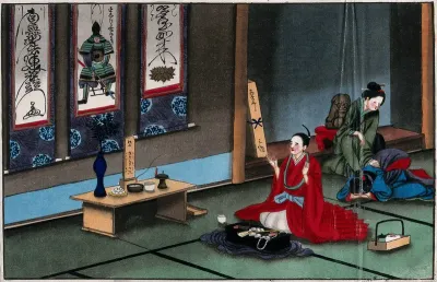 Japanese funeral customs: a kneeling, red-robed Buddhist chief priest chants before the picture of a family ancestor