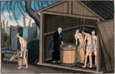 Japanese funeral customs: in a wooden temple outbuilding, overseen by a Buddhist monk, three attendants dressed in loincloths uncover a tub-shaped coffin to reveal the body of a dead man