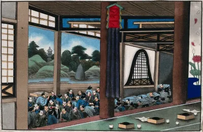 Japanese funeral customs: seated on the verandah of a temple, mourners at a funeral eat a meal