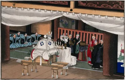 Japanese funeral customs: the coffin, enclosed in a palanquin lies in the temple