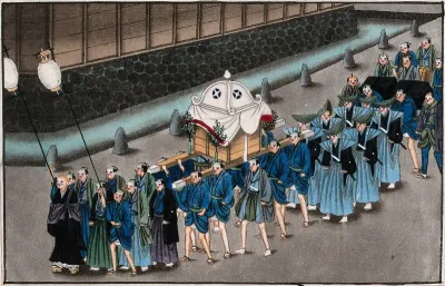 Japanese funeral customs: the cortège proceeds towards the temple