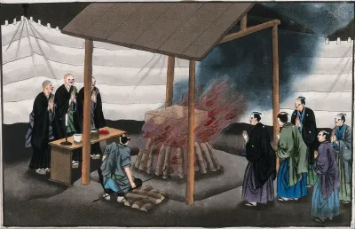 Japanese funeral customs: the cremation is carried out under a wooden awning