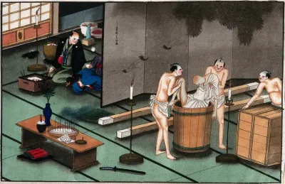 Japanese funeral customs: two attendants wearing loin-cloths place the body of a dead man in a round wooden vessel while a third prepares to open a large box to receive the body