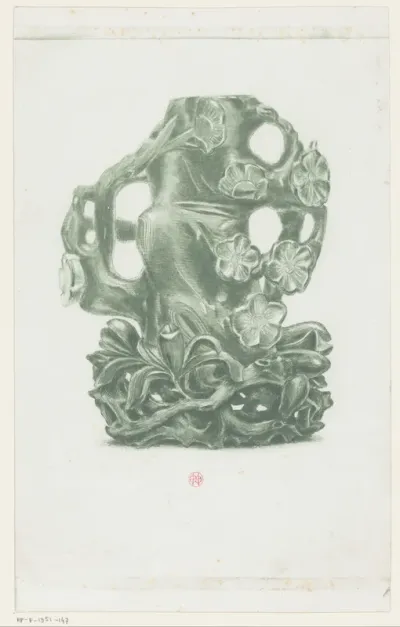 Japans snijwerk met takken en bloemen, mogelijk in jade