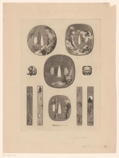 Japanse zwaardstootplaten (tsuba) met verschillende motieven