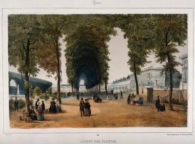 Jardin des Plantes, Paris: figures strolling the grounds alongside the glasshouses