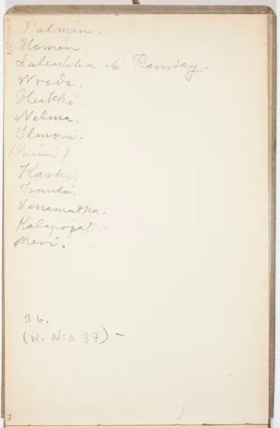 Järnefeltin teosten nimiä (Palmén, Homén, Lallukka eli Ransay, Wrede, Heikki, Nelma, Ilmoni, (Saimi), Kaski, Isäntä, Venematka, Kalapojat, Meri)