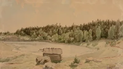 Järvenlahtimaisema, etualalla vanha lato ja taustalla metsäinen ranta