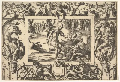 Jason Confronts the Dragon Guarding the Golden Fleece (Par tels assauts Jason va travaillant le fier dragon de nuit et jour veillant...), from "Jason and the Golden Fleece"
