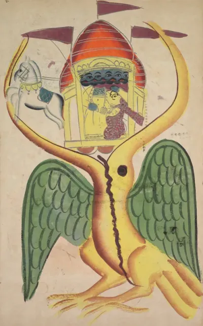 Jatayu hinders Ravana’s chariot, trying to prevent the abduction of Sita (recto), from a Kalighat album