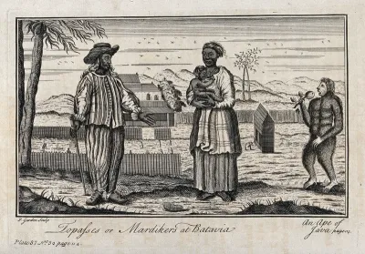 Java: a man and a woman of mixed race (Dutch and Javanese), with the woman holding a young child in her arms, standing outside a plantation; right an ape of Java (orangoutan?)