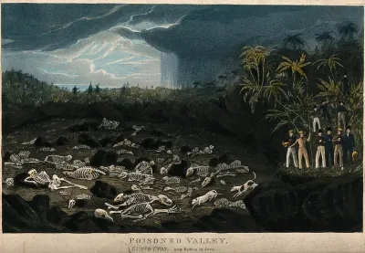 Java: human skeletons lying in a valley poisoned by volcanic gases, being watched by travellers