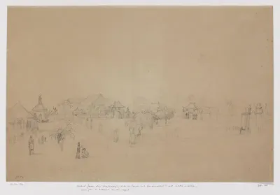 Javaans dorp (hoofdnegorij) met links een Europees huis, West-Java