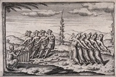 Javanese dancers, with men on the left and women on the right, accompanied by a musician