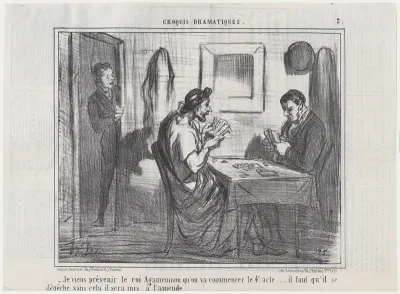 Je viens prévenir le roi Agamemnon qu'on va commencer le 4e acte..., from Croquis Dramatiques, published in Le Charivari, November 27, 1856