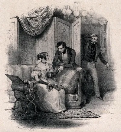 Jealousy: a young woman sits on a sofa talking to a young man as an older man comes rushing through the door looking anxious