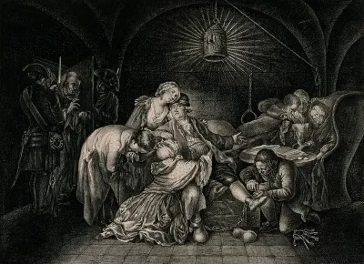 Jean Calas is visited in his cell by his family as a warder loosens the shackles on his leg and a man in a cowl enters the room