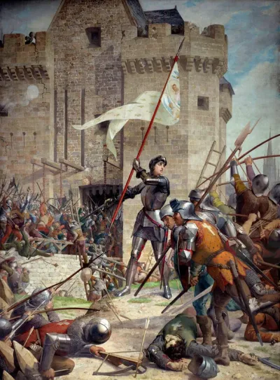 Jeanne d'Arc en armure devant Orléans