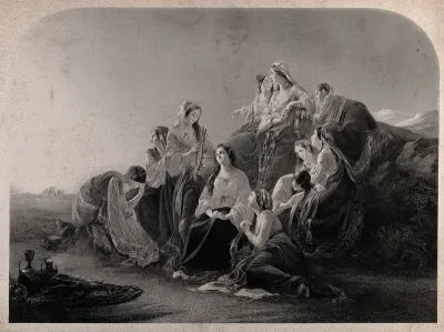 Jephthah's daughter contemplating her virginity and her imminent death, surrounded by woeful attendants with musical instruments