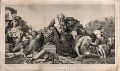 Jeremiah sits amidst the rubble of Jerusalem, after its siege and destruction in 586 B.C