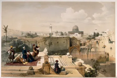 Jerusalem: men smoking and praying with a view to the mosque of Omar