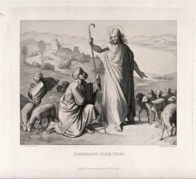 Jesus appoints Peter as head of his church, symbolised by a flock of lambs