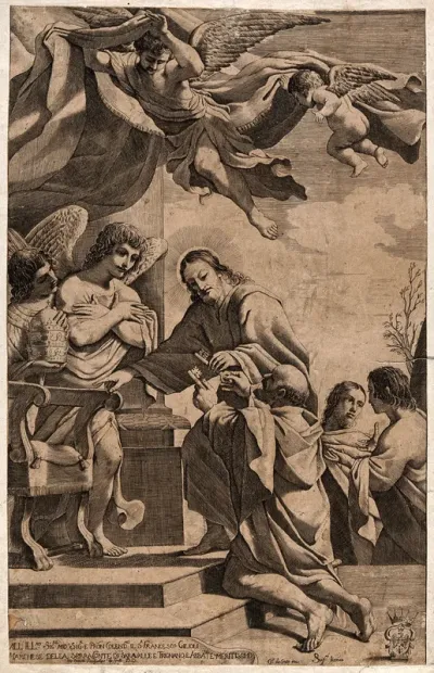 Jesus appoints Peter as keeper of the keys to heaven; angels stand by