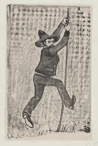Jesús Bruno Martinez escaping from jail, from a broadside entitled 'La Fuga de Jesús Bruno Martinez de la Gárcel de Belen'