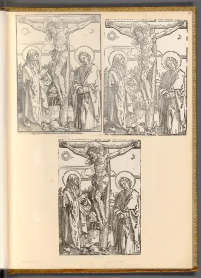 Jesus Christus am Kreuz, auf der linken Seite die Jungfrau Maria und auf der rechten Seite Johannes