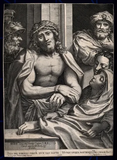 Jesus is exhibited to the people wearing a crown of thorns