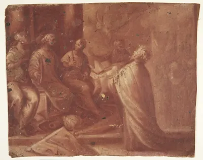 Jesus overrækker en mitre til en kvinde på en trone omgivet af to kvinder (allegori)