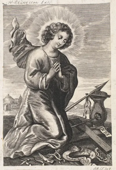 Jesusbarnet knælende foran passionsinstrumenterne