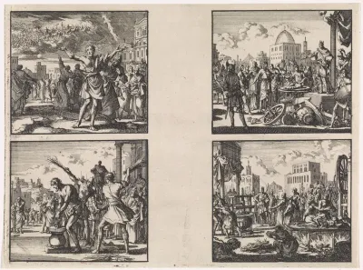Jezus ben Ananias weeklaagt over het lot van Jeruzalem / Jezus ben Ananias door de Romeinen gegeseld / Antiochus Epiphanes probeert een moeder en zeven zonen over te halen om zwijnenvlees te eten / Dood van zeven zonen