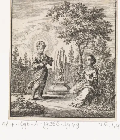 Jezus en de Ziel in eene bloemhof bij eene fontein