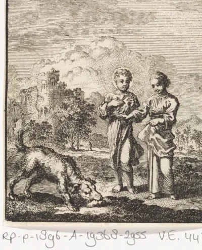 Jezus en de Ziel zien een hond die op een steen bijt