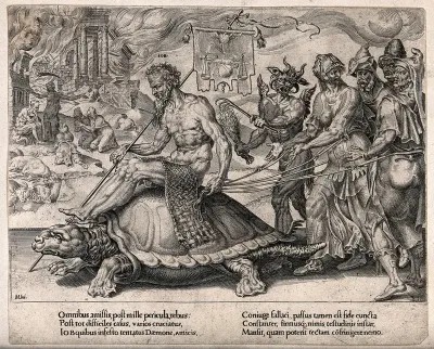 Job rides on a turtle in front of his wife, his comforters and the devil