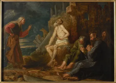 Job seated on a dunghill between his wife and his three friends (Job 1-42)