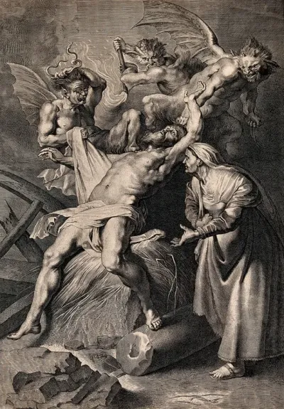 Job tormented by demons; his wife urges him to curse God