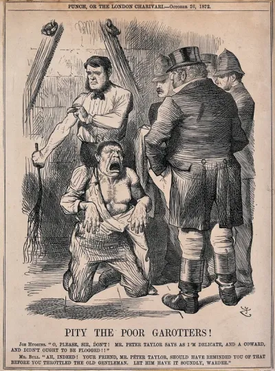Joe Huggins, condemned for throttling an old gentleman, is stripped to the waist and kneeling before policemen pleading for mercy while the executioner is rolling up the sleeves of his shirt to begin with the flogging