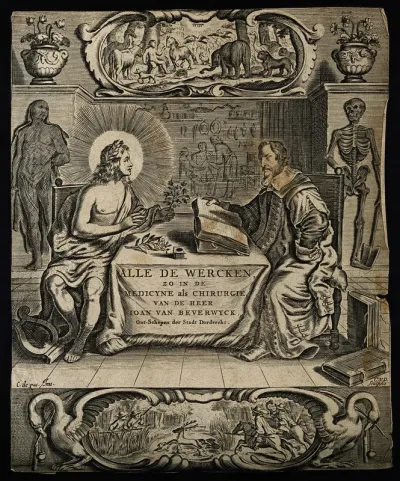 Johan van Beverwijk: he converses with Apollo about medicinal plants, while surrounded by attributes of botany, anatomy and surgery