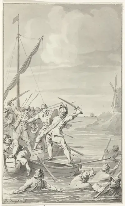 Johan van Galen verdedigt zich tegen 20 rovers, 1649