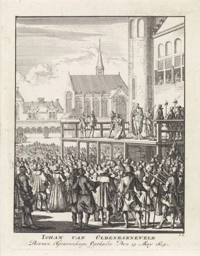 Johan van Oldenbarnevelt knielt op het schavot voor zijn onthoofding, 1619