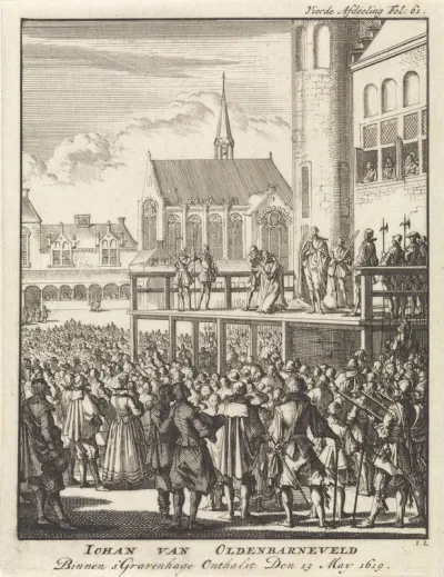 Johan van Oldenbarnevelt knielt op het schavot voor zijn onthoofding, 1619