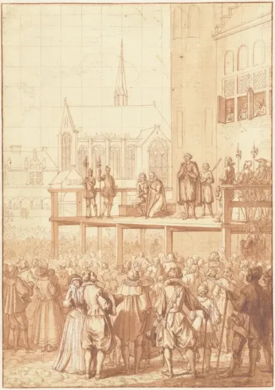 Johan van Oldenbarnevelt knielt voor zijn onthoofding, 1619