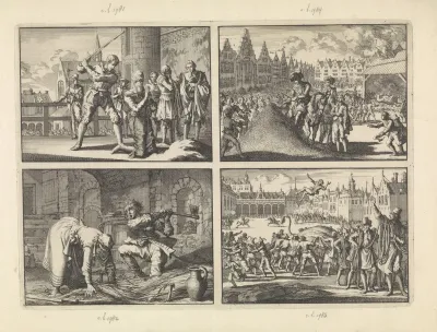 Johan van Oldenbarnevelt onthoofd, 1619 / Grote Markt te Frankfurt am Main tijdens de kroning van keizer Ferdinand II, 1619 / Man te Grosz-Gerau doodt zijn moeder met een bijl terwijl zij in de kelder een strobed maakt, 1616 / Boerenbruiloft door de 